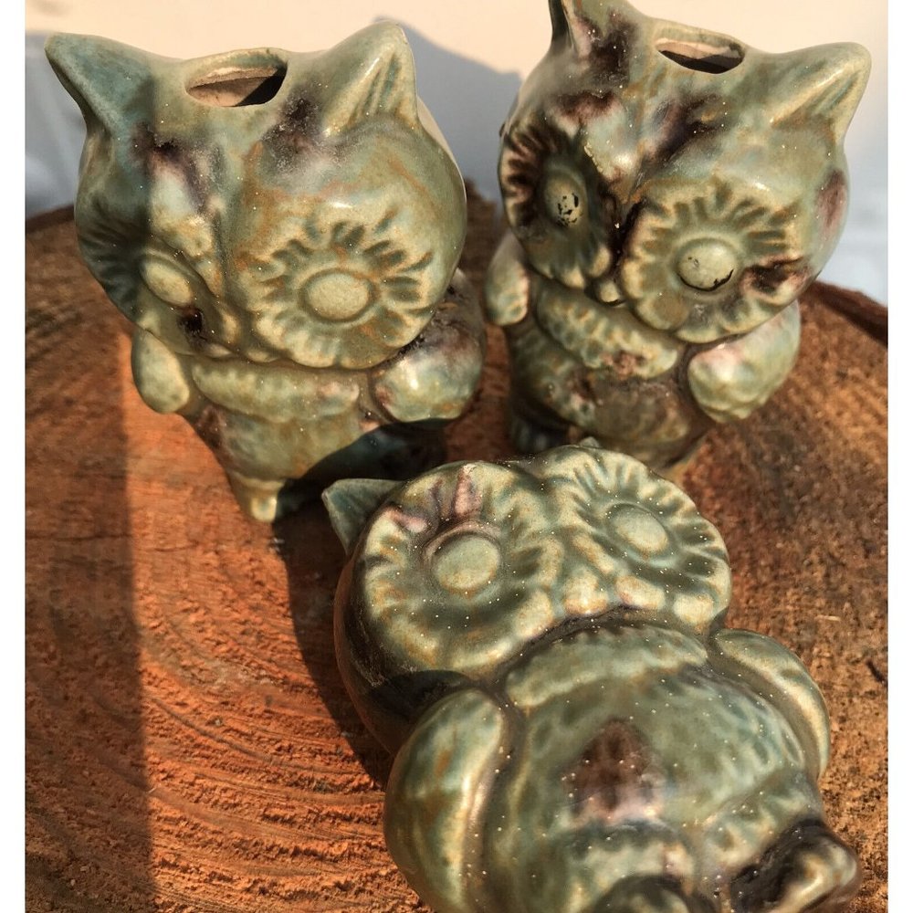 Vtg Set 3 MCM Green Glaze Brown Ceramic HTF Stacking Owl Beads Kitschy Crafts